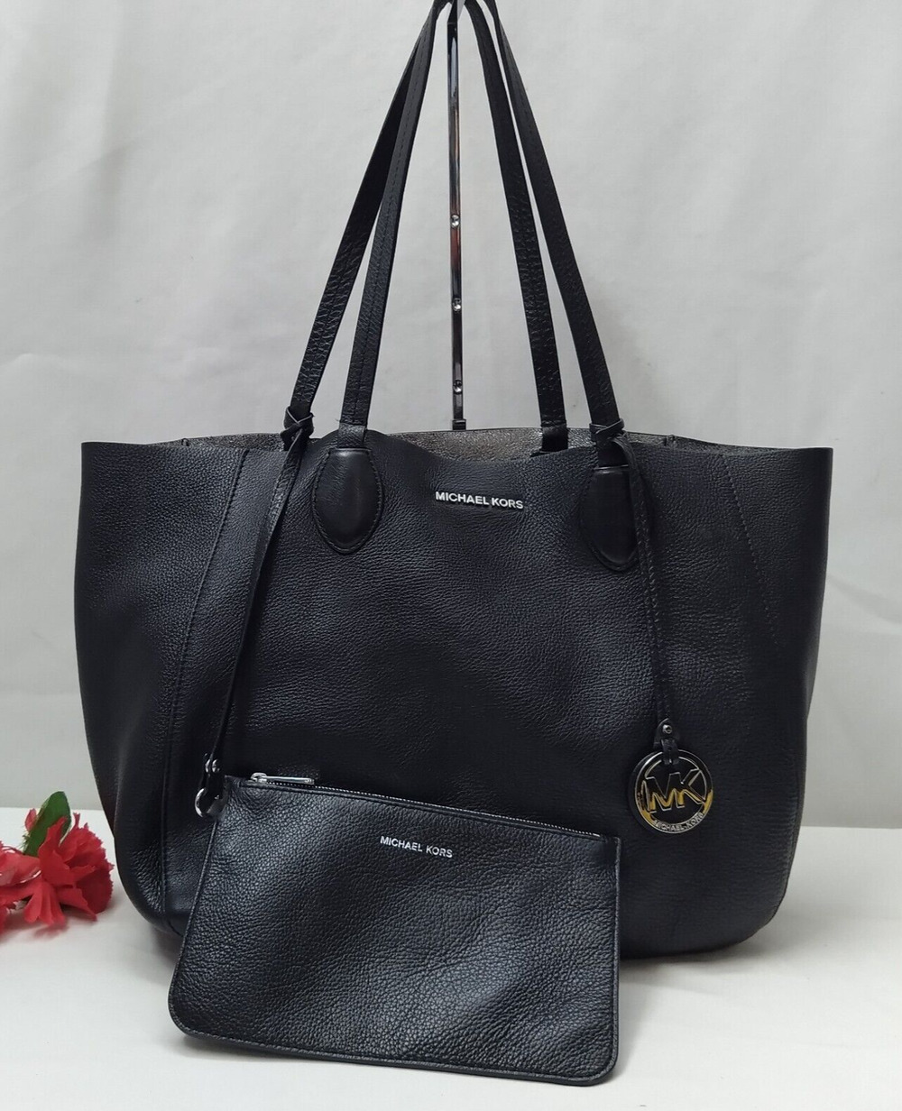 Michael Kors Mae Black Soft Leather Reversible Tote Shoulder Bag W/ Wallet